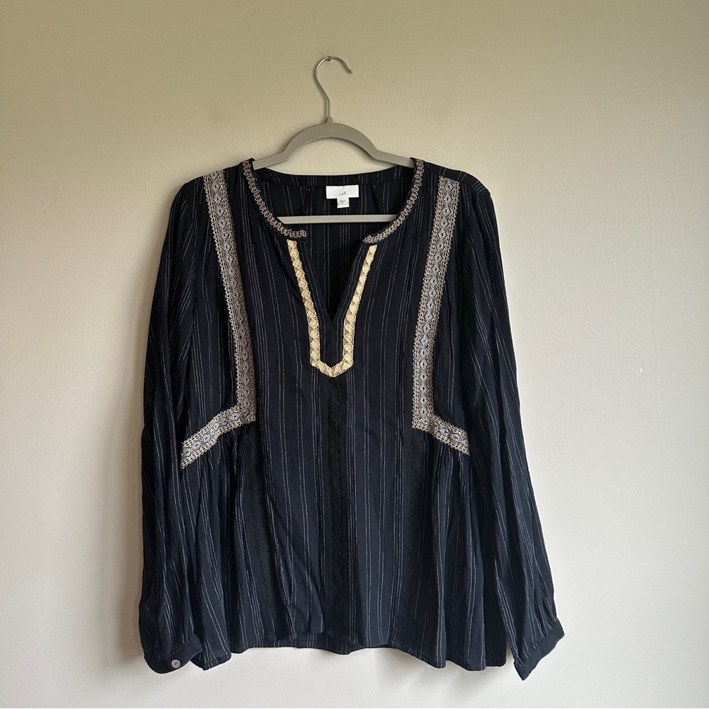 J. Jill Black Gold Embroidered Cotton Blend Long Sleeve Medium
